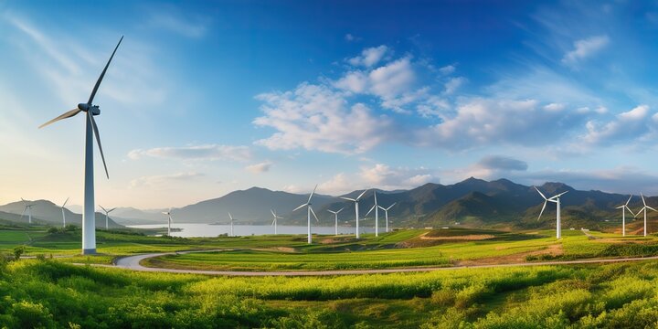 AI Generated. AI Generative. Wind mill eco power electric generator innovation alternative energy. Nature outdoor background