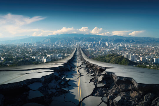 cracked road crossing a large vast skyline city. seismic ruptures, shear zones, tectonic fractures.