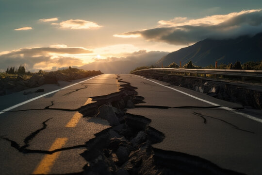 cracked old concrete highway on the mountains. chasms, cleavages, rimas.
