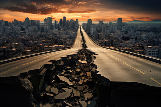 cracked highway leading to a large city skyline in the distance. fissures, ruptures, crevices.