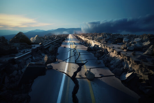 cracked highway caused by seismic activities after a earthquake. 