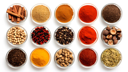 Various spices in glass bowl isolated on white background. Generative AI