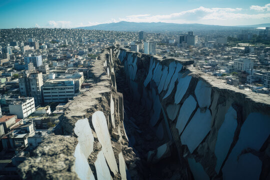 a large crack cutting through a vast city skyline.