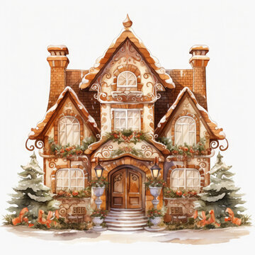 Watercolor Gingerbread House Clipart, a cozy gingerbread house covered in colorful icing and candy decorations, smoke gently rising from the chimney, Generative Ai