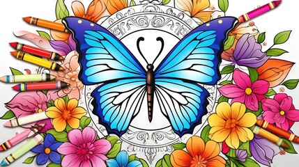  a blue butterfly surrounded by colorful crayons and flowers.  generative ai