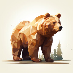 Low poly brown bear in 3d looking to the side with trees
