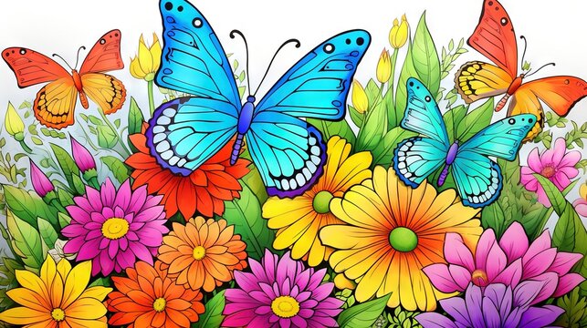  a bunch of flowers and butterflies in a field of flowers.  generative ai