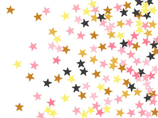 Elegant black pink gold stars random scatter texture. Little stardust spangles Noel decoration confetti. Wedding stars random wallpaper. Spangle elements poster decor.