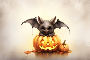 Funny black bat with pumpkin, Halloween cartoon character, white background