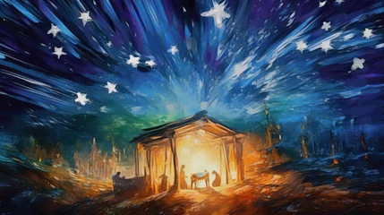 Deurstickers Nativity scene, Starry Night Manger watercolor, generative ai © pronoia