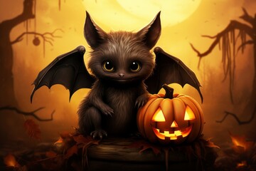 Halloween character - funny cartoon bat with pumpkin