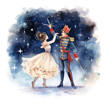 An enchanting watercolor Christmas Nutcracker Clipart showcasing the Nutcracker prince in the midst of a joyous Christmas party, elegant ballroom setting with grand chandeliers, Generative Ai
