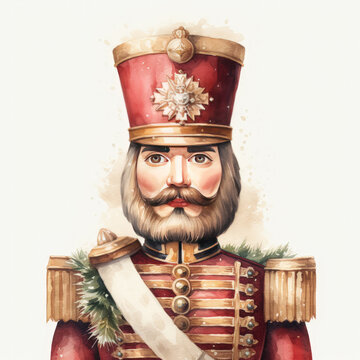An enchanting watercolor Christmas Nutcracker Clipart showcasing the Nutcracker prince in the midst of a joyous Christmas party, elegant ballroom setting with grand chandeliers, Generative Ai