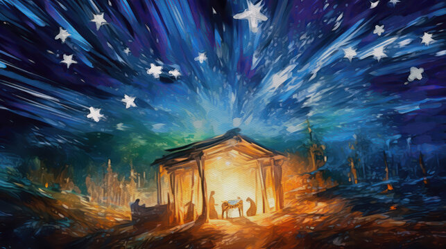 Nativity scene, Starry Night Manger watercolor, generative ai