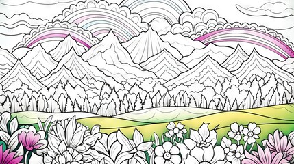  a coloring book page with flowers and mountains in the background.  generative ai