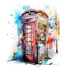 Watercolor Phone Booth Illustration, A quaint and charming red phone booth standing alone in a lush English countryside, surrounded by rolling hills and blooming wildflowers, Generative Ai