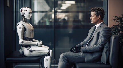 tense scene in the waiting room: a human candidate in a suit and an AI robot in business attire are nervously waiting for an interview