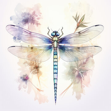 Watercolor Dragonfly Clipart, a delicate dragonfly in mid-flight, its iridescent wings reflecting sunlight, surrounded by vibrant flowers and lush green leaves, Generative Ai