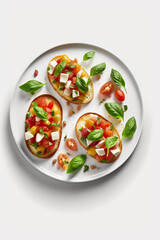 Bruschetta with tomatoes and basil on a plate isolate on a white background. Generative AI,
