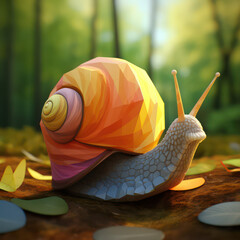Low poly snail  with leaves and trees in background - obrazy, fototapety, plakaty