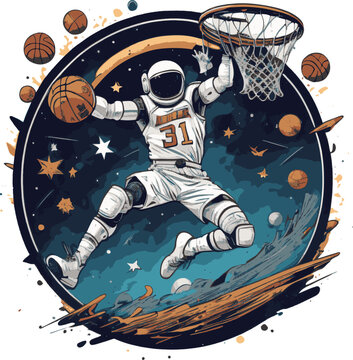 Astronaut playing volleyball in the sky. Vector illustration. Vintage style © Uzzi1001