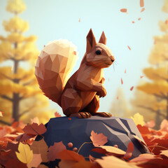 side view of a brown squirrel in low poly as 3d model on a rock with trees - obrazy, fototapety, plakaty