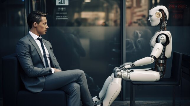 tense scene in the waiting room: a human candidate in a suit and an AI robot in business attire are nervously waiting for an interview