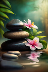 Obraz na płótnie Canvas Zen stones and bamboo on the water lined with spa pebbles and plumeria flowers. Generative AI,