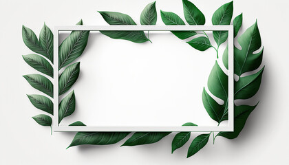 Minimalistic green rectangular frame on a white background with green leaves. Generative AI,