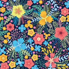Fototapeta na wymiar Fairy meadow with flowers seamless pattern. Cute feminine design