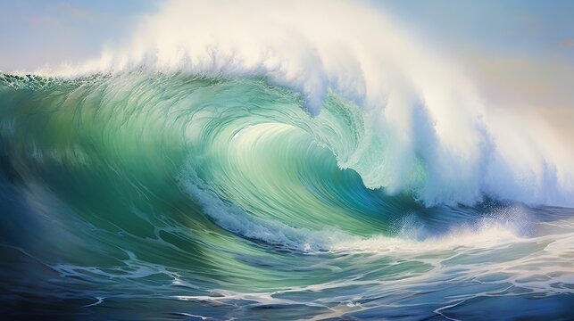  a painting of a large wave in the ocean with a sky background.  generative ai