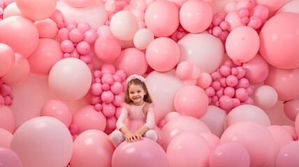 Fototapeta na wymiar a photo zone adorned with children's toys and inflatable balls in a delightful combination of white and pink tones, creating a joyful ambiance for a little girl's birthday celebration.