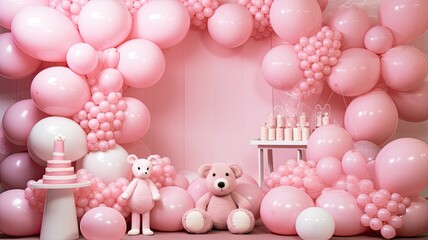 Fototapeta na wymiar a photo zone adorned with children's toys and inflatable balls in a delightful combination of white and pink tones, creating a joyful ambiance for a little girl's birthday celebration.