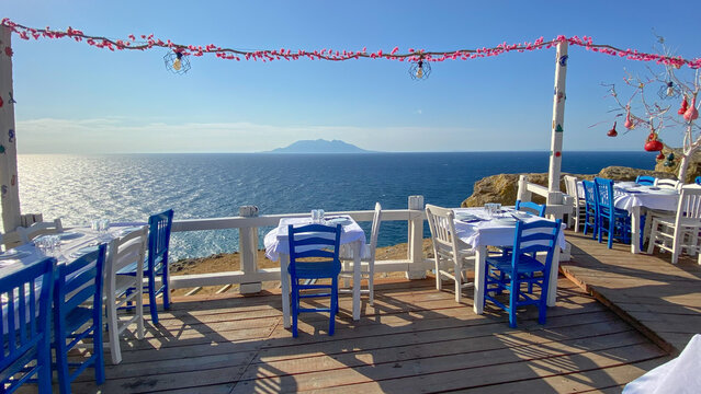 Gokceada,Canakkale,Turkey August 8, 2023: 'Poseidon' Fish restaurant in Kalekoy Village, Gokceada. Gokceada which is the largest island of Turkey is a rural district of Canakkale Province of Turkey