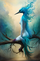 A woman with blue hair and a blue hair stands on a tree trunk.