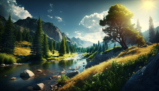 Beautiful Landscape With A River. Generative AI,