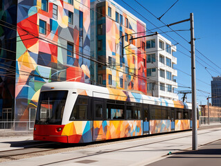 An urban tram passing by a modern art mural on a city building.