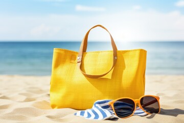 Beach bag with flip flops towel sunglasses