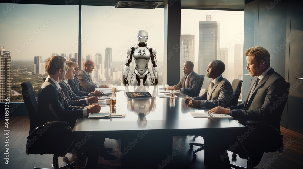 Poster a diverse group of business executives are interviewing and humanoid ai, demonstrating a dynamic con