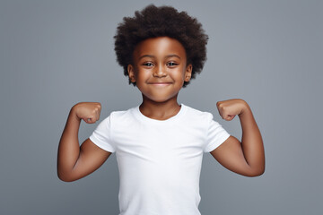 Proud DarkSkinned Boy Flexing Muscles in White TShirt and Short Afro Hairdo