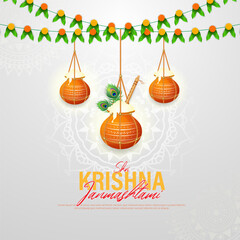 Naklejka premium Happy Janmashtami festival poster template design with dahi handi and peacock feather.