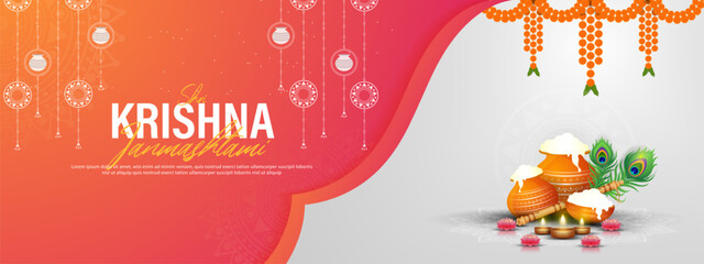 Happy Janmashtami festival banner template design with dahi handi and peacock feather.