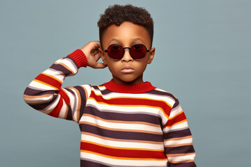 Confident Boy Posing Against Blank Wall in Striped Jumper and Sunglasses