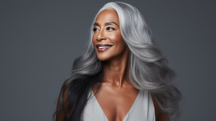 Black woman with healthy face in studio with gray background.