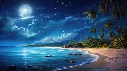 a stunning tropical beach illuminated by the full moon, while the Milky Way sprawls across the night sky. The scene combines the serenity of the beach with the awe of the cosmos.