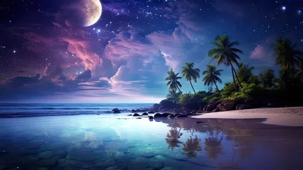  a stunning tropical beach illuminated by the full moon, while the Milky Way sprawls across the night sky. The scene combines the serenity of the beach with the awe of the cosmos. © lililia