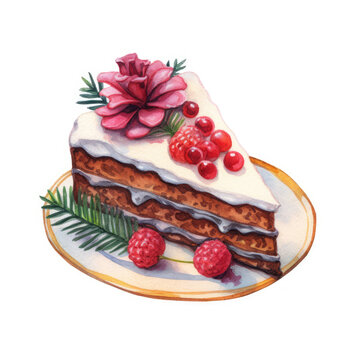 Watercolor christmas cake Illustration, Generative Ai
