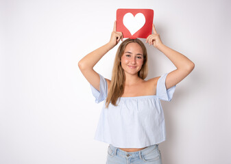 Photo portrait of lovely young lady with heart icon social media isolated over white background.
