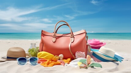 a beach bag filled with vibrant summer accessories set against the backdrop of a tropical beach. The scene encapsulates the carefree spirit of summer vacations.