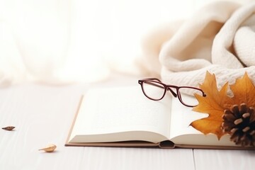 white blank book with autumn leaves glasses
